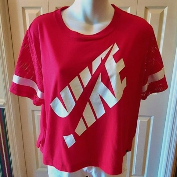 Nike Tops - NIKE RED WITH WHITE LOGO AND WHITE STRIPE AROUND MESH SLEEVE CROP TOP SIZE M NWT